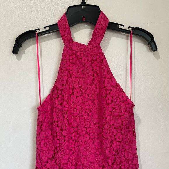 Zara Fuchsia Lace Halter Backless Long Midi Back Slit Lined Sheath Dress Sz XS - Picture 8 of 8
